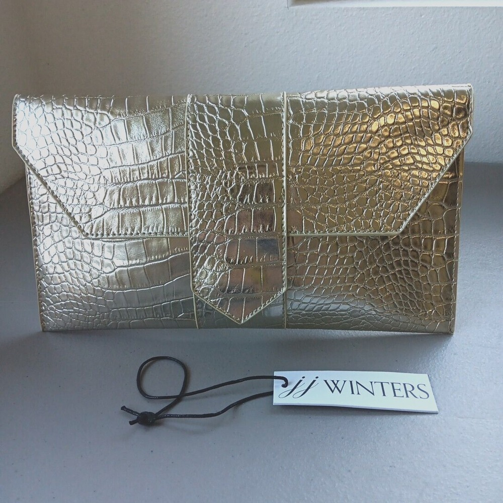 JJ Handbag Vegan Leather Metallic Envelope Clutch NEW Gold Reptile Holiday Party